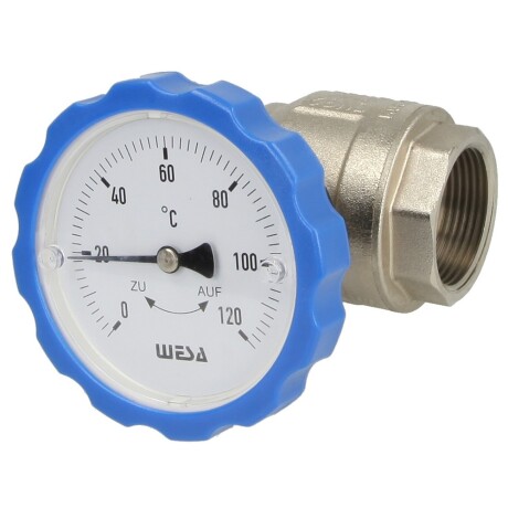 WESA-ISO-Therm-Pumpen-Kugelhahn 1 1/4" SKB mit Thermometergriff blau